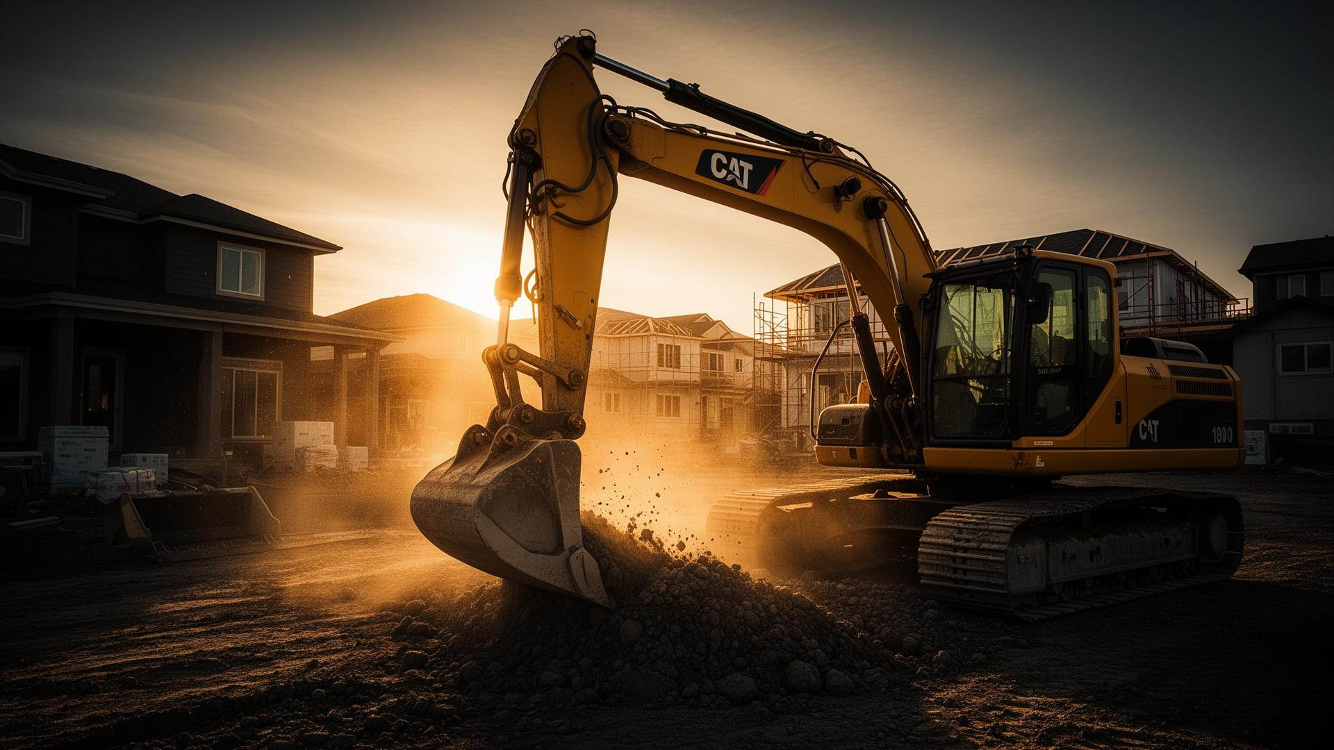 Excavator at work on a construction site at sunset